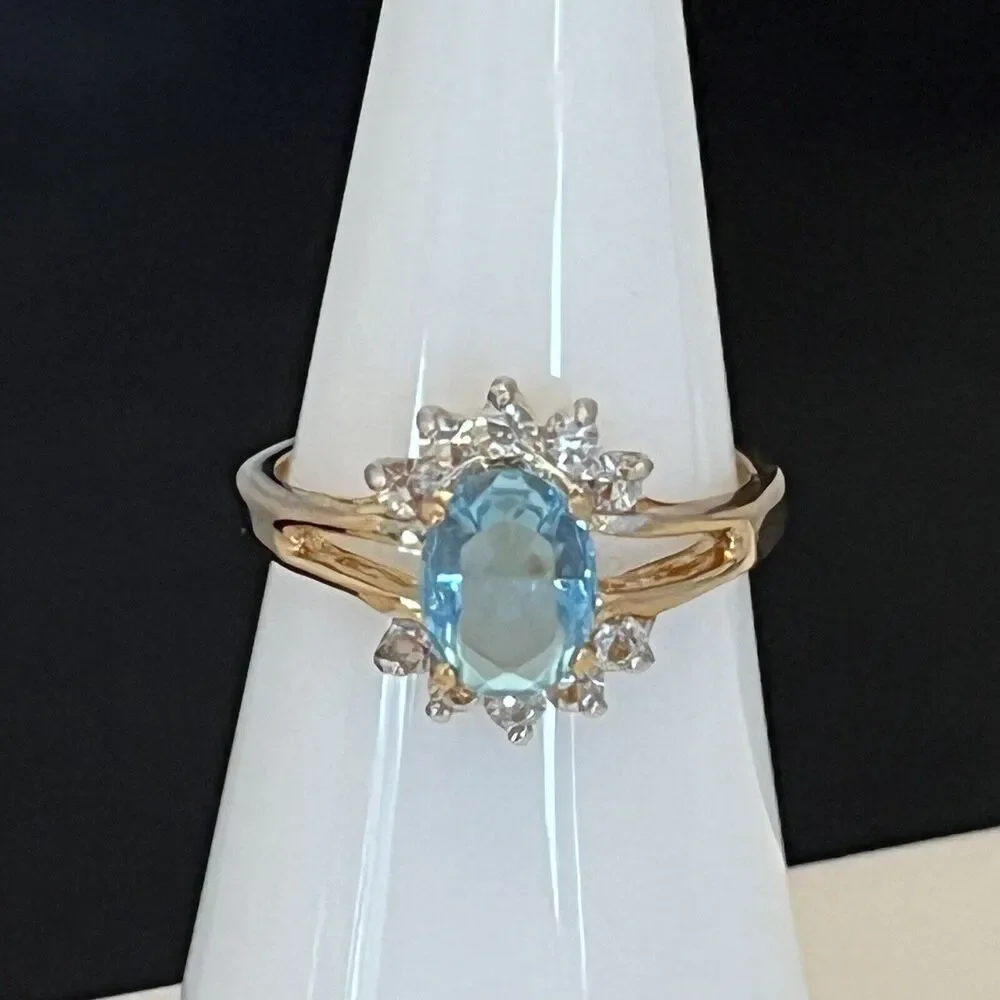 Vintage Ring Size 7 Blue CZ Cocktail Ring 14KT Gold Plate 14X